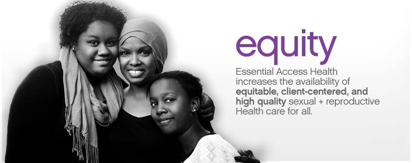 a banner showing a family of three women next to the word "equity"